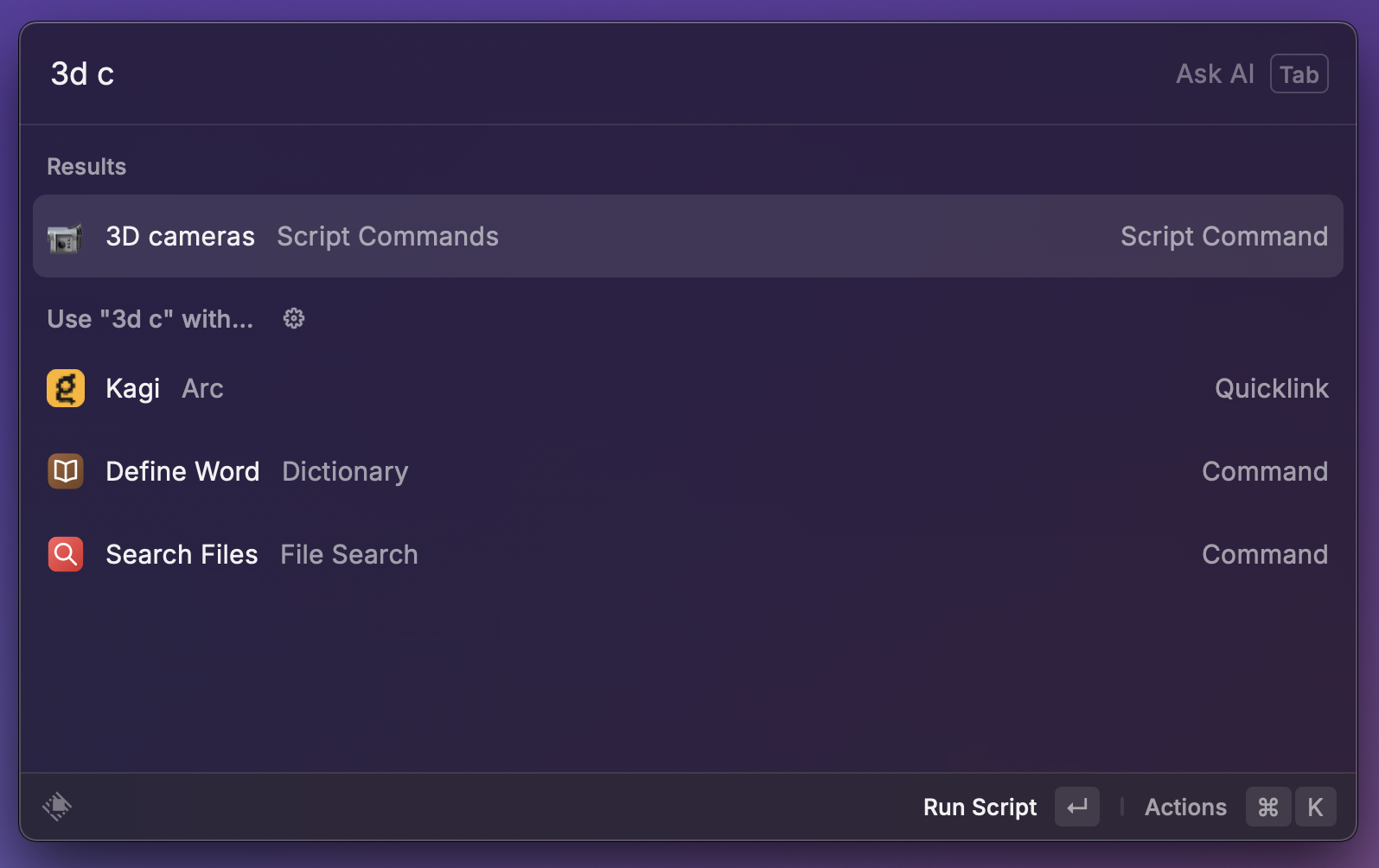 Raycast &ldquo;3D cameras&rdquo; command shown on macOS